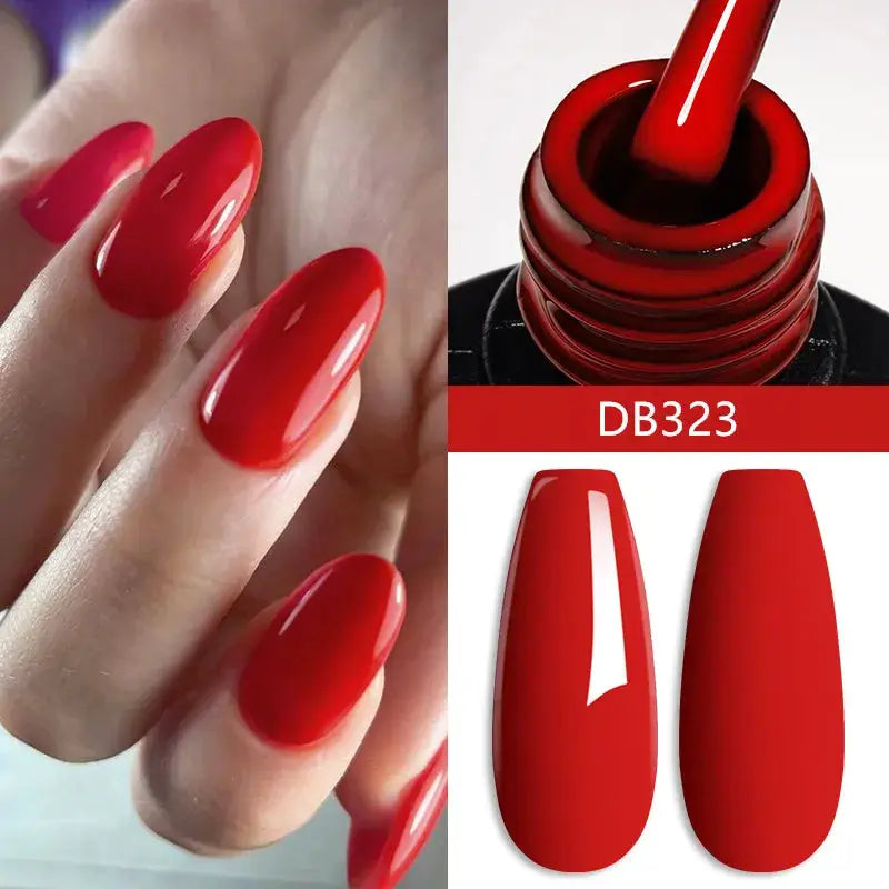 Gel nail polish set DB323 by Simples Market in red, glossy gel finish with bottle and swatches
