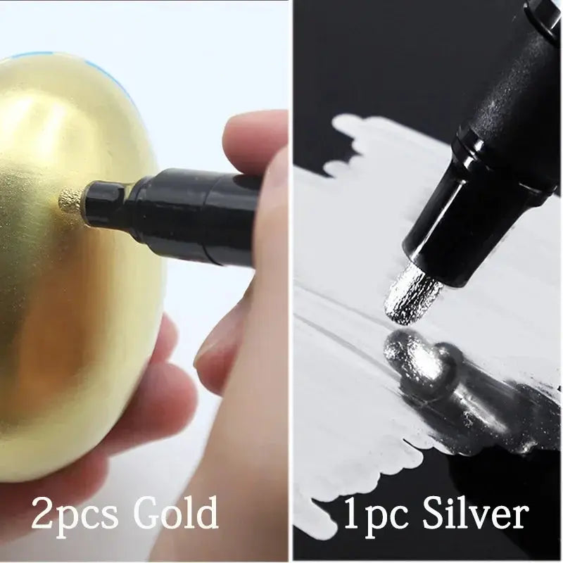 Simples Market chrome paint markers set: 2 gold pens and 1 silver pen, 2mm tips for metal, wood, plastic.
