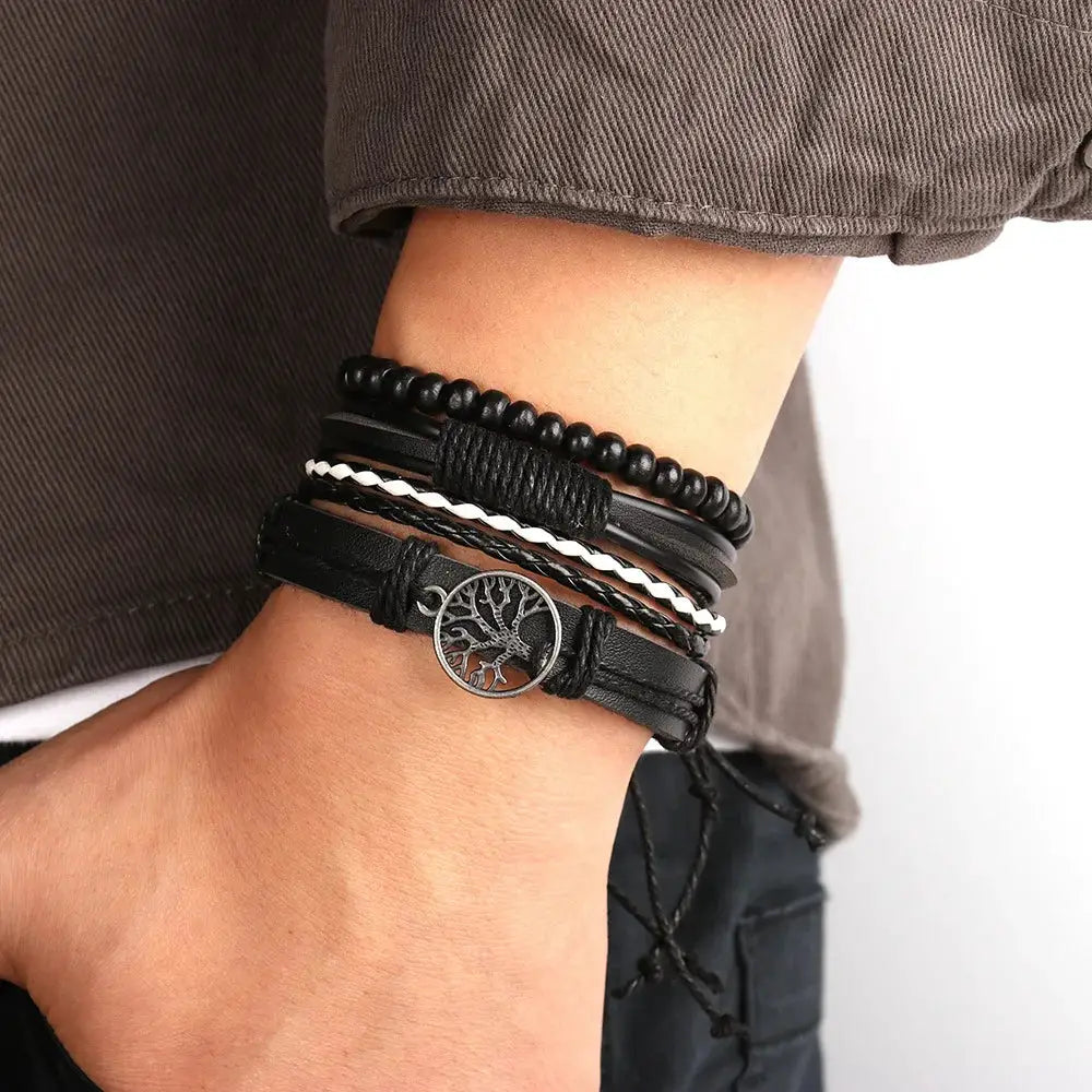 Tree Of Life Four Piece Leather Bracelet Set For Men With Alloy Accents And Wooden Beads Handwoven