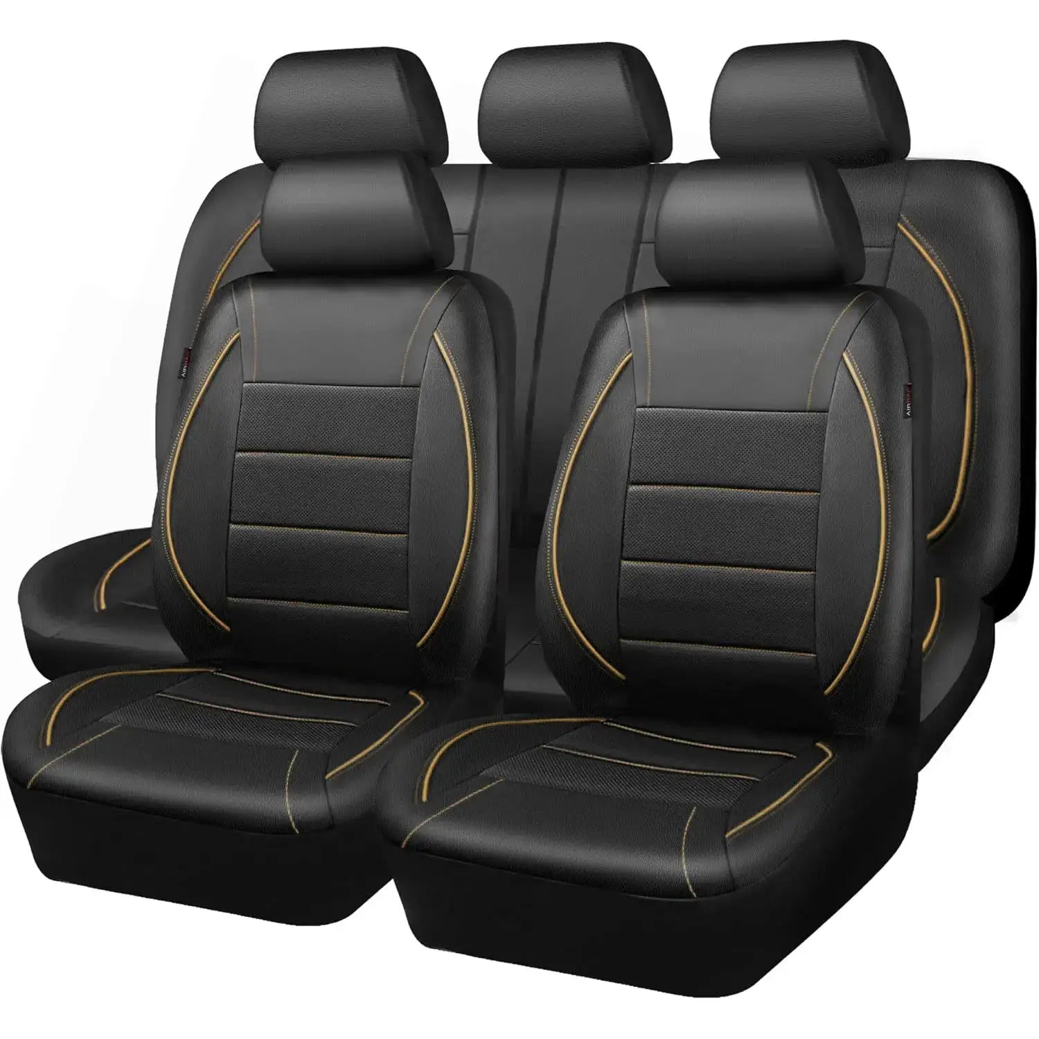 Universal leather car seat covers for 5 seats, black with yellow stitching