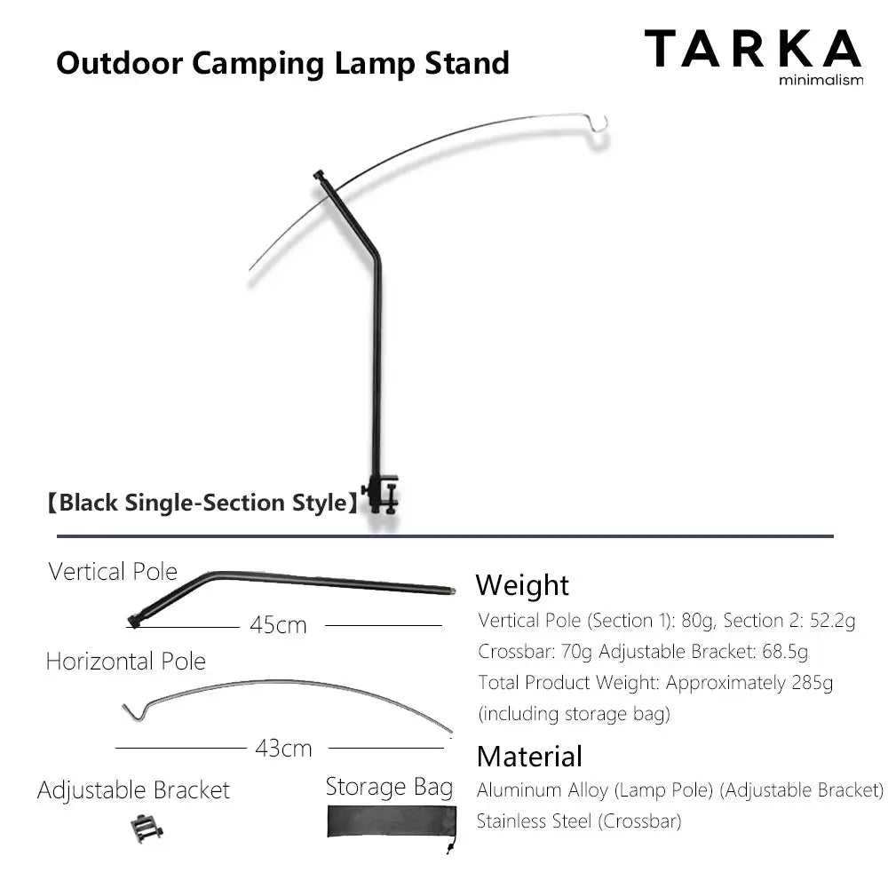Outdoor camping lamp stand by TARKA, black aluminum pole with adjustable bracket and crossbar; includes storage bag.