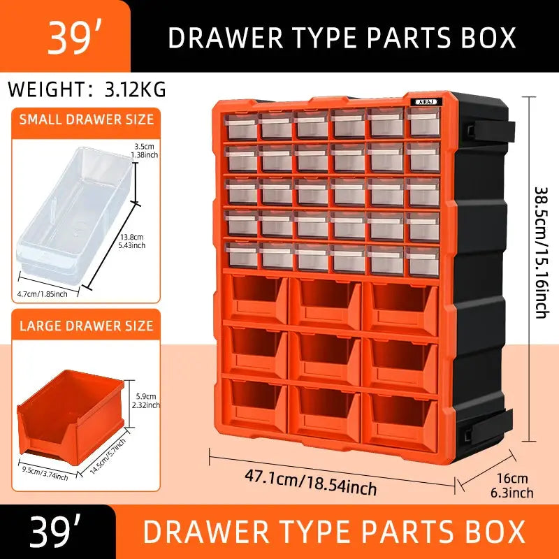 Airaj 39-drawer parts storage box, orange/black plastic with clear drawers; spliceable 15-inch home organizer