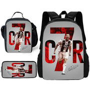 CR7 Ronaldo school backpack set with lunch bag and pencil case; grey panels with bold red CR7 lettering and Ronaldo image