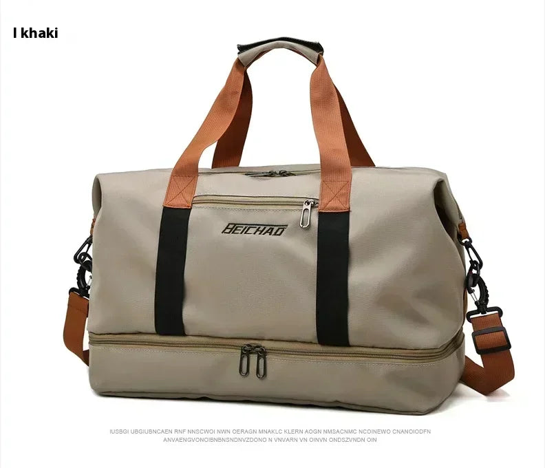 Khaki BEICHAD gym bag with brown carry handles and black straps, large-capacity travel/fitness bag