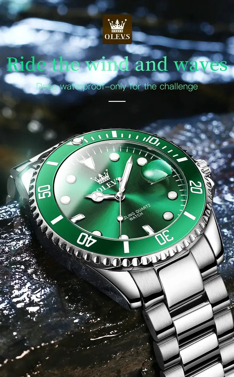 OLEVS 5885 men's watch with green dial, stainless steel strap, quartz movement