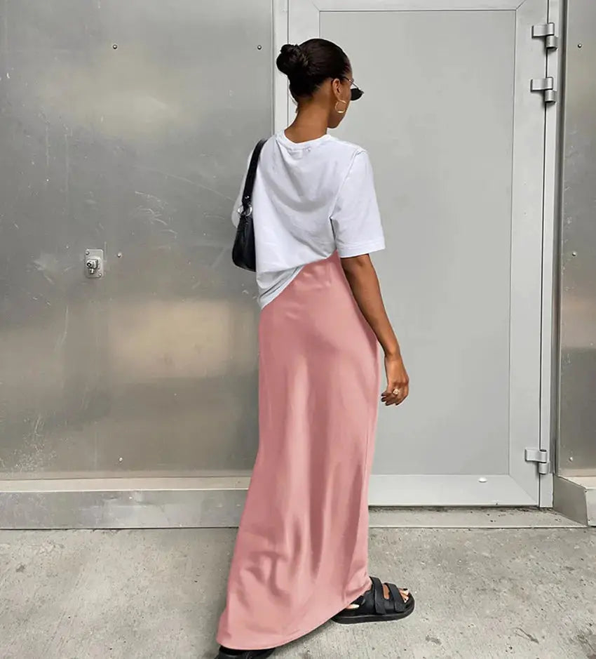 Pink satin long skirt with high waist for women, office-ready spring/summer