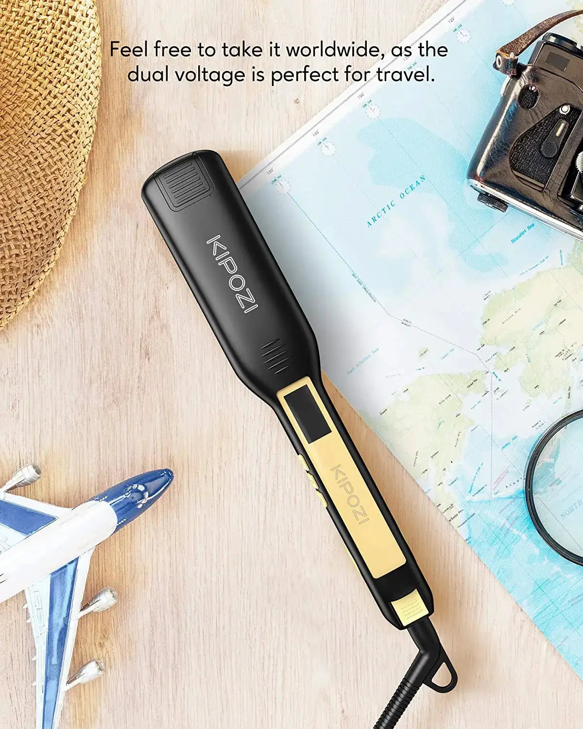KIPOZI titanium flat iron hair straightener with digital LCD display and dual voltage; Simples Market