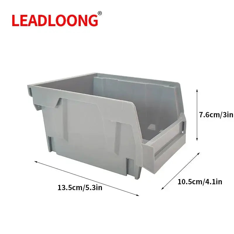 LEADLOONG gray stackable plastic parts bin for garage tools, 13.5x10.5x7.6 cm.