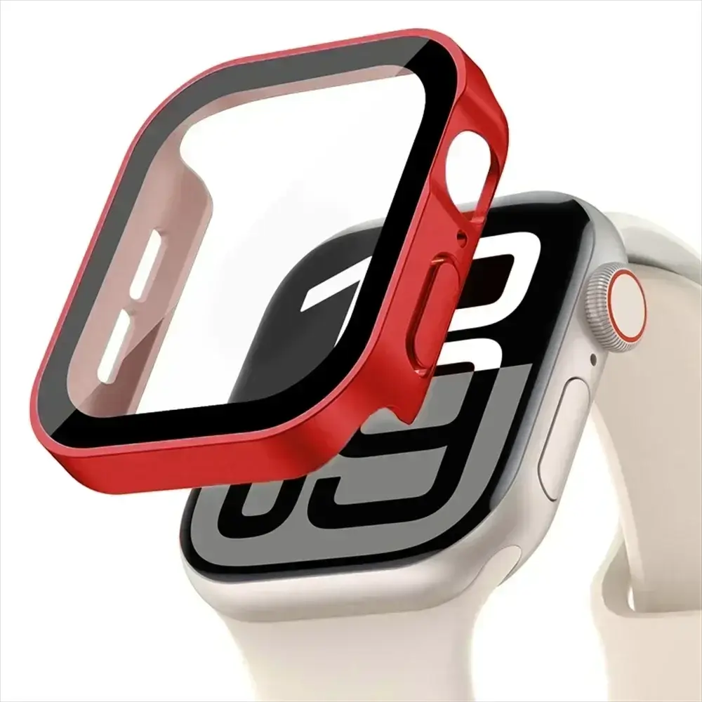 Screen protector with red PC bumper for Apple Watch, tempered glass, fits 40–46mm Series 4–9 & SE