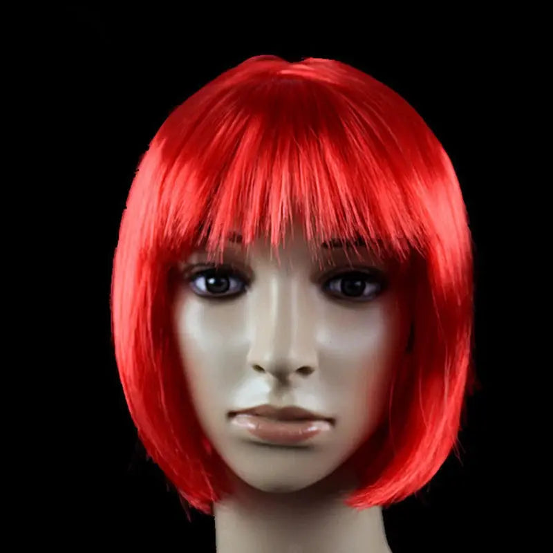 Bob wig red short bob with blunt bangs, synthetic cosplay wig on a mannequin head