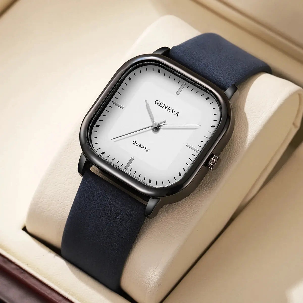 Geneva square-dial men's quartz watch with navy leather strap and black case.