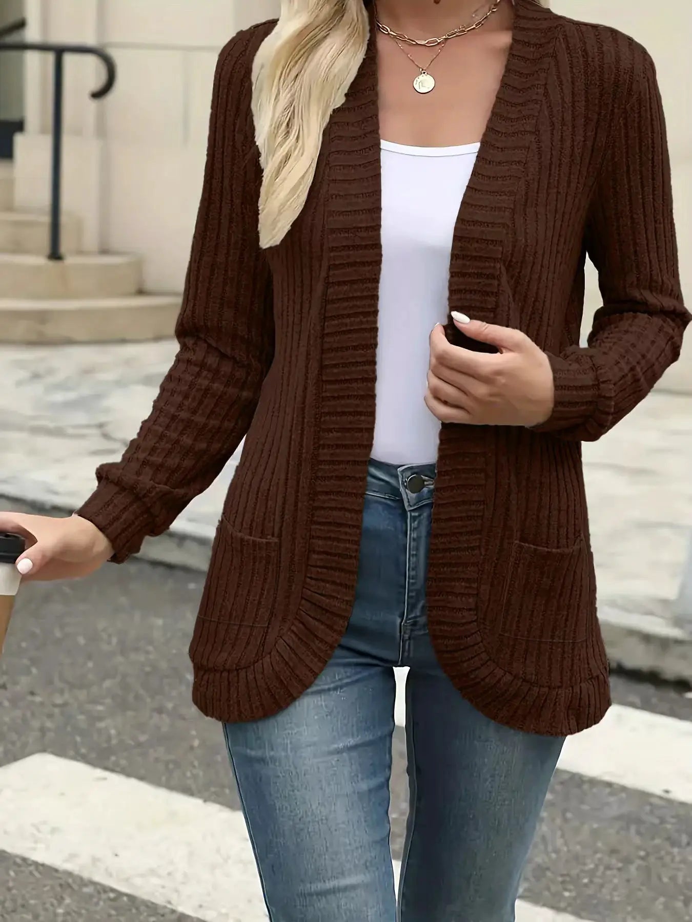 StyleNest Solid Color Brushed Pinstripe Cardigan Jacket For Women With Cozy Warmth And High Stretch Knit