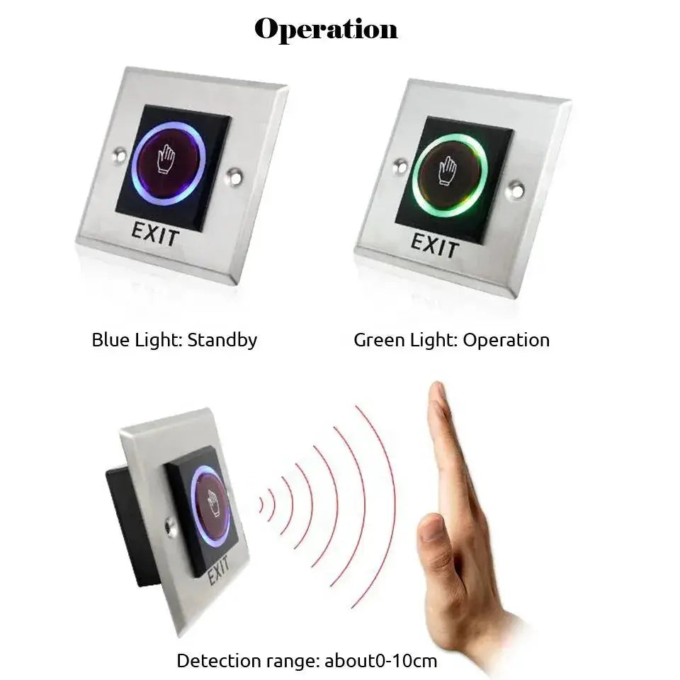 Exit push-button switch set by Simples Market with blue standby and green operation LEDs for door access control