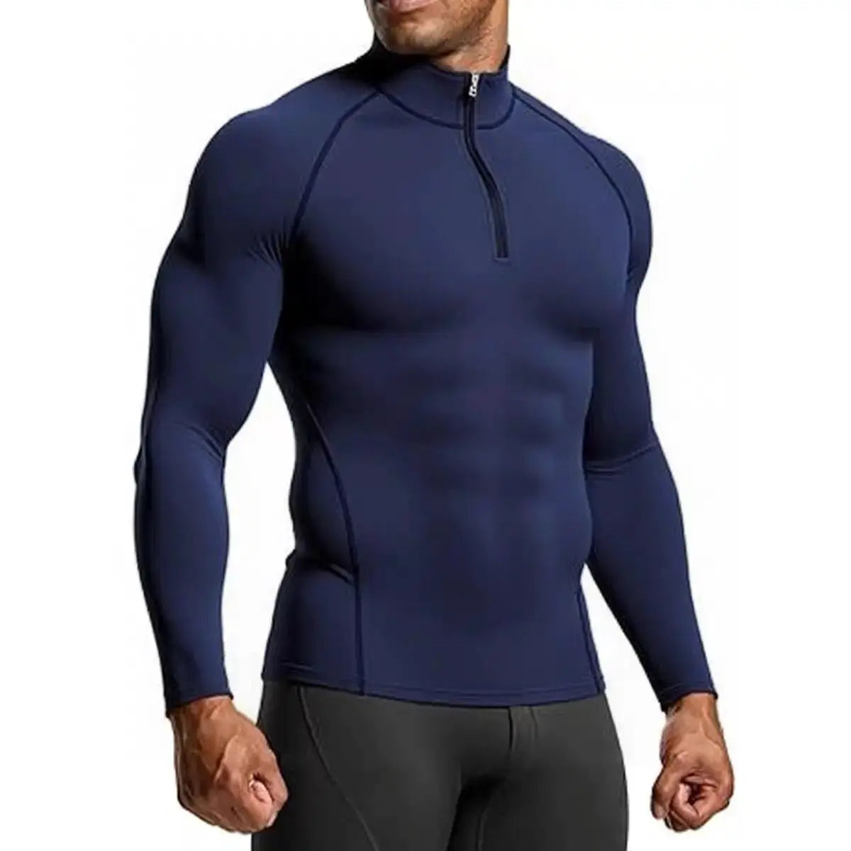 Men's navy blue long-sleeve compression gym shirt with quarter-zip neckline