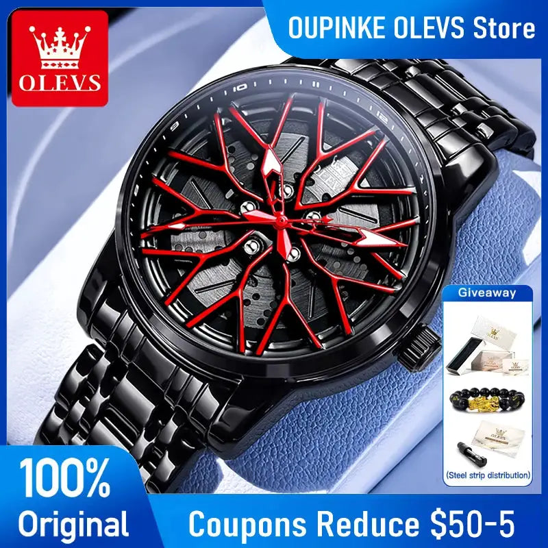 OLEVS men's black stainless steel watch with a red skeletal dial design, 30m water resistant