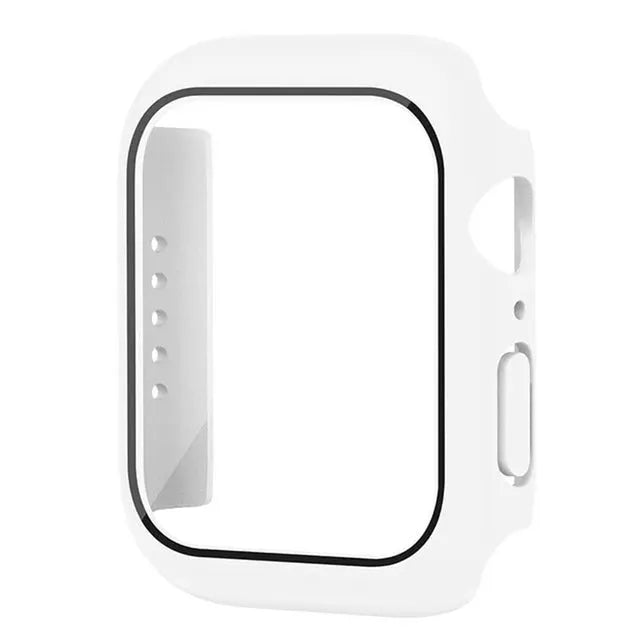 White Apple Watch case with glass screen protector; slim bumper with black inner edge, fits 40–46mm Apple Watches