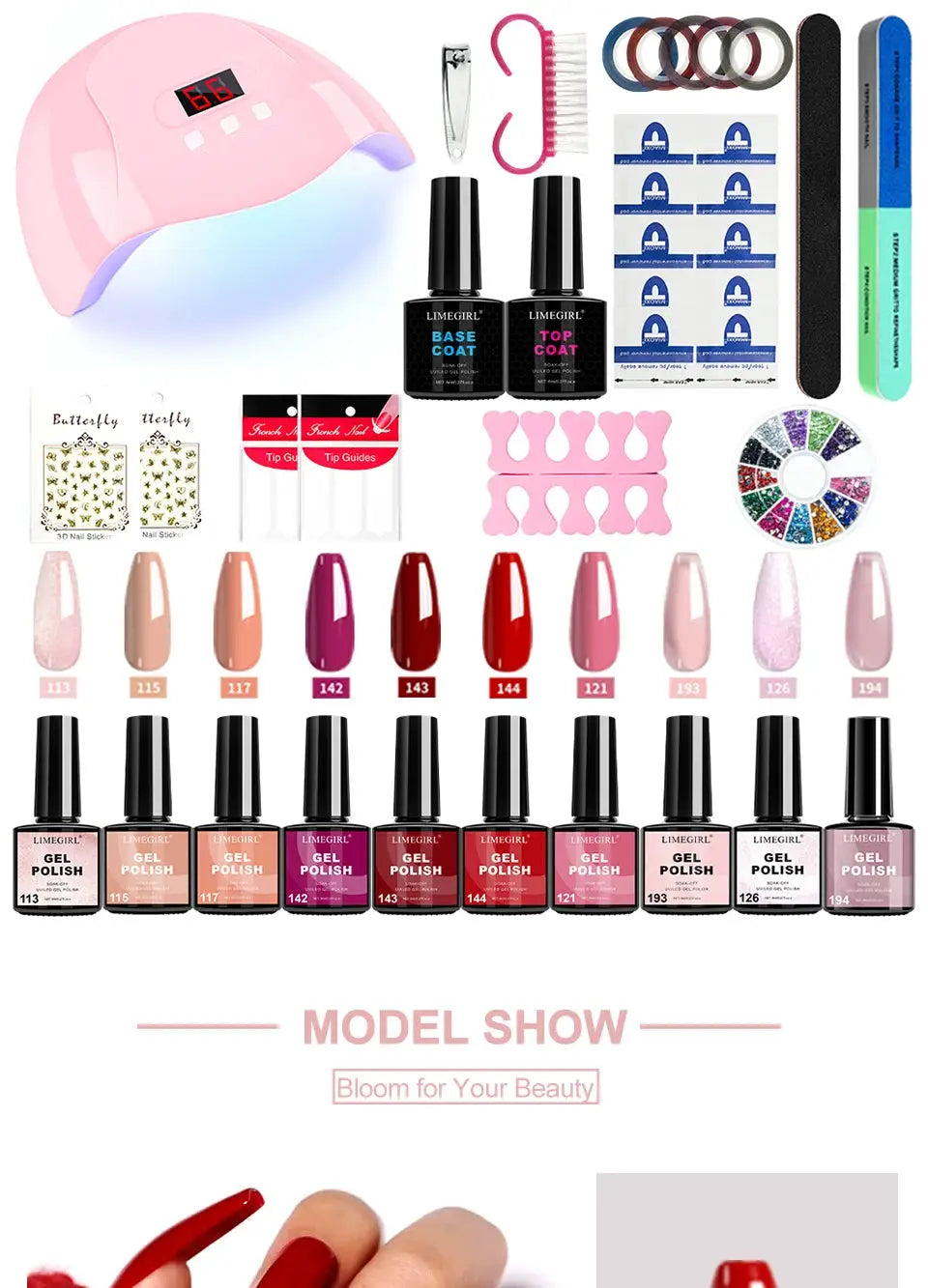 LIMEGIRL Gel Nail Polish Kit by Simples Market with pink UV LED lamp, base/top coats and accessories