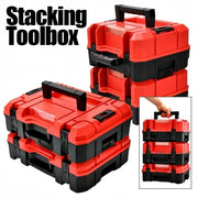 Stacking toolbox set by Simples Market; red and black durable multi-compartment tool boxes with handle