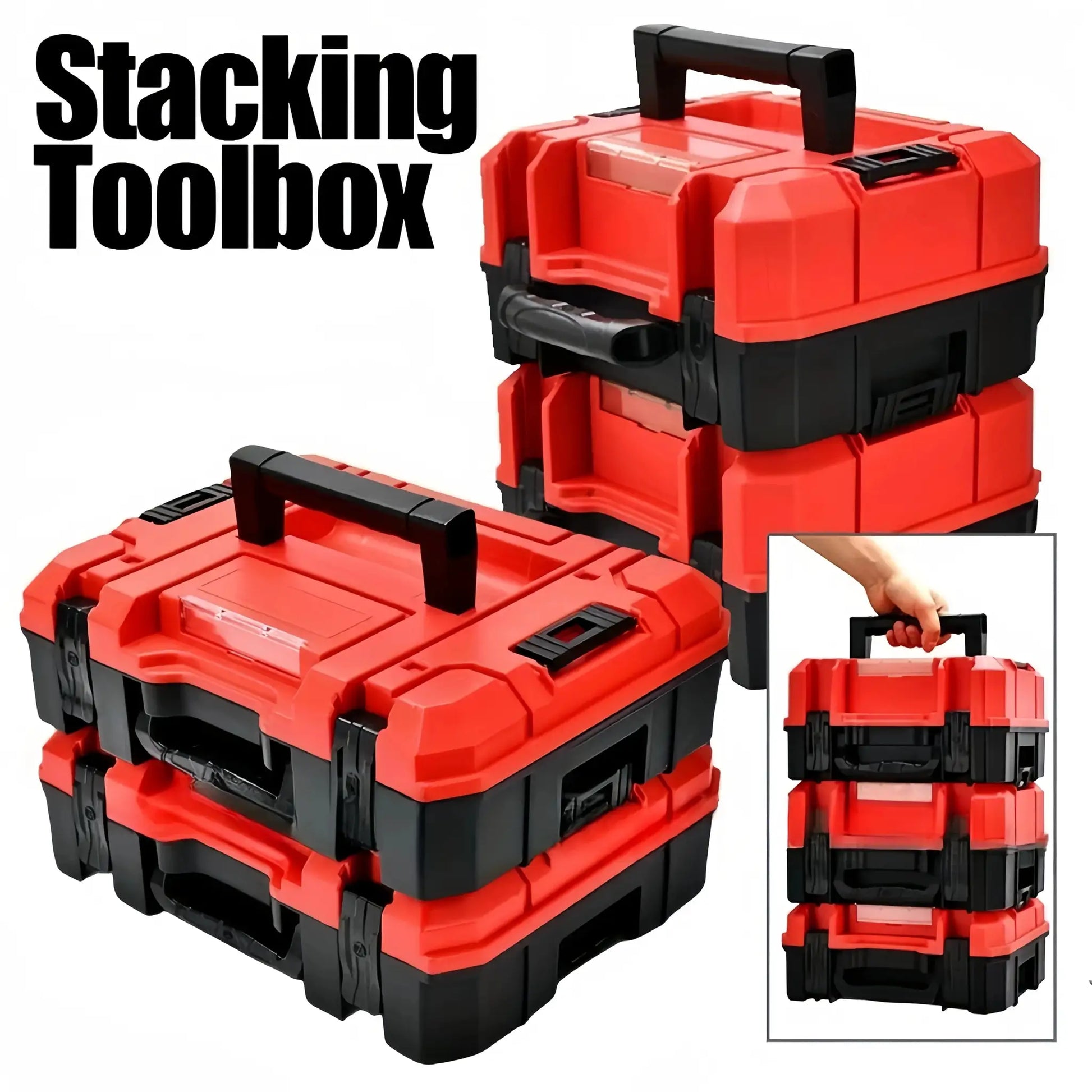 Stacking toolbox set by Simples Market; red and black durable multi-compartment tool boxes with handle