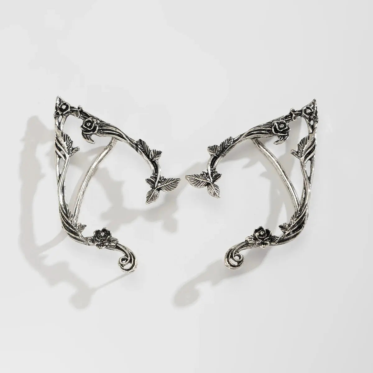 PuRui elf flower leaf ear cuffs, silver-tone pair with rose accents, wedding jewelry gift