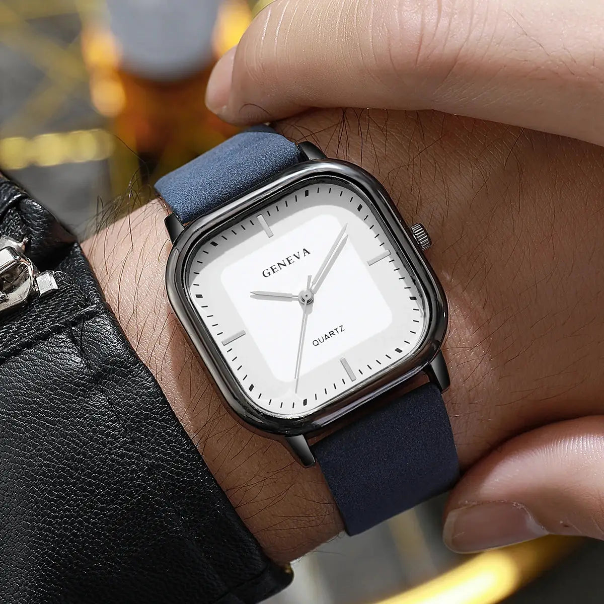 Simples Market square-dial men's quartz watch with white face, Geneva branding, and blue leather strap