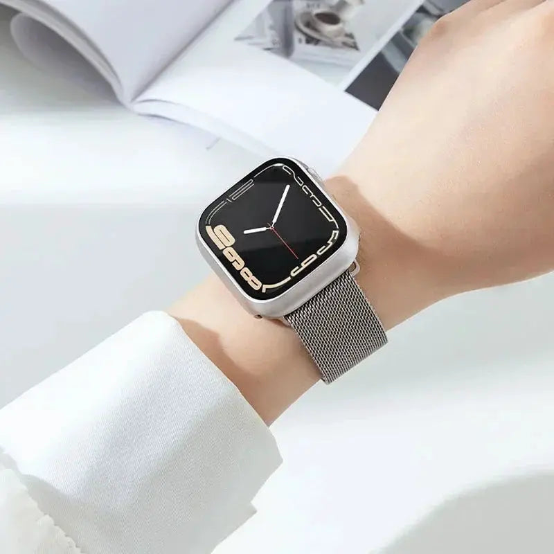 Tempered Glass+Case for Apple Watch by Simples Market, silver case with Milanese mesh band.