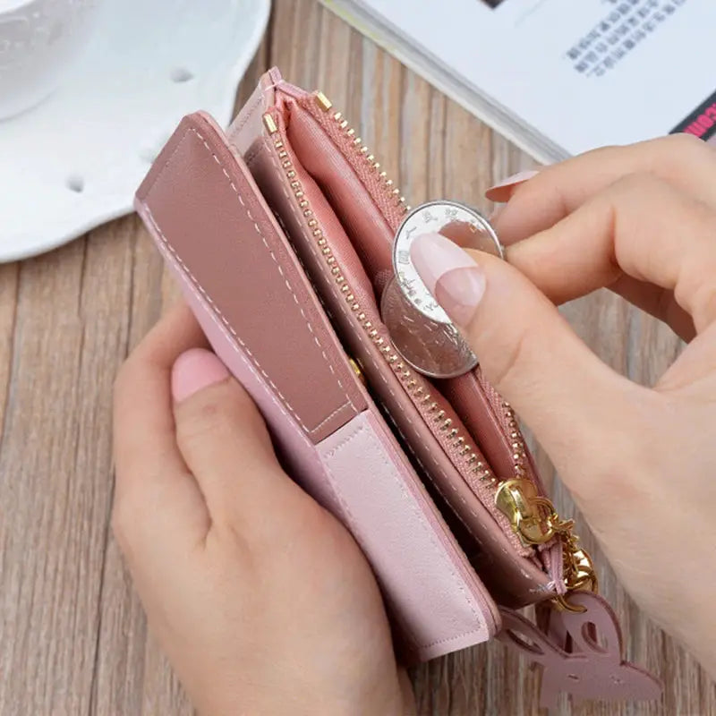 Pink PU leather women's wallet with coin purse and zippered compartments