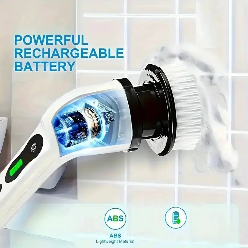 White cordless electric rotating scrub brush with 7 heads and extendable handle for bathroom cleaning
