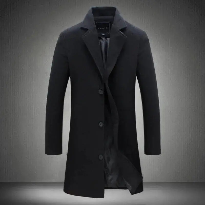 Simples Market men's wool overcoat, black mid-length, single-breasted with notch lapels.