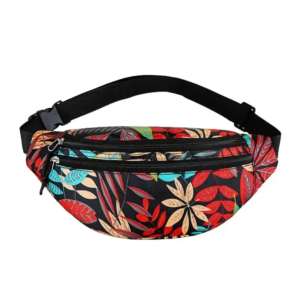 Sports waist pack by Simples Market with waterproof black leaf print, adjustable strap, dual zip pockets