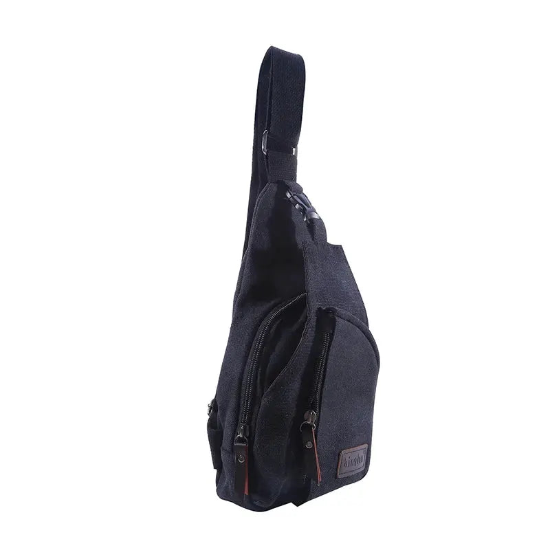 Mens vintage canvas satchel shoulder sling bag with multiple zip pockets in dark navy