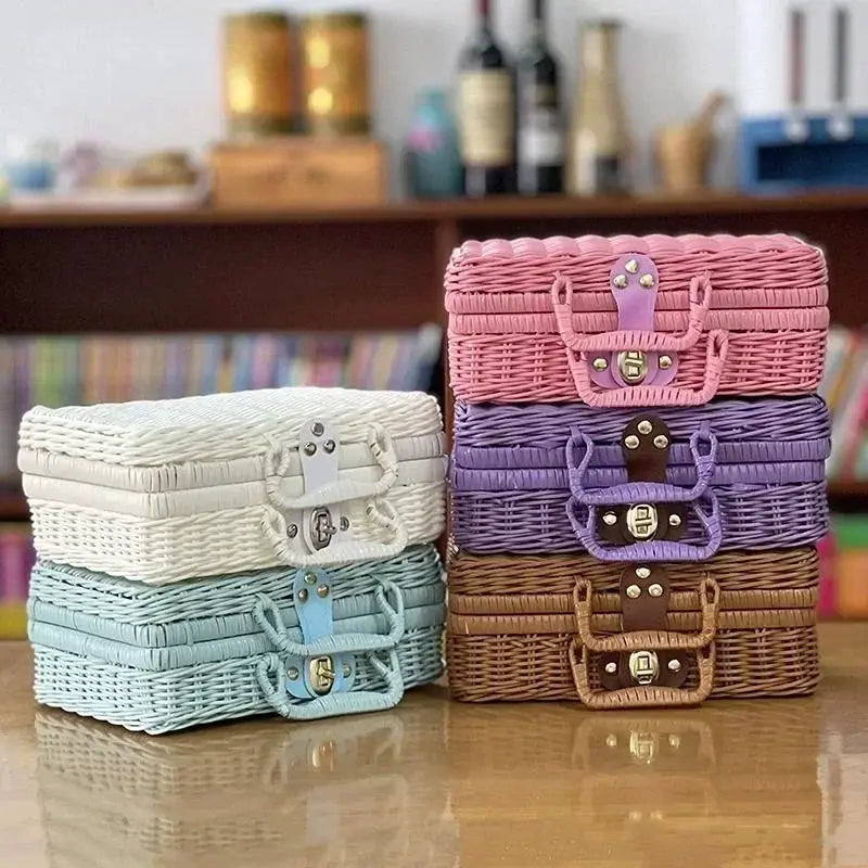 Rattan-style woven storage boxes, six pastel suitcases in white, light blue, pink, purple, brown, Simples Market