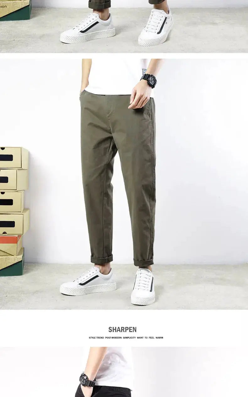 HIQOR men's cotton pants by Simples Market in olive khaki, loose casual chinos with elastic waist and rolled cuffs