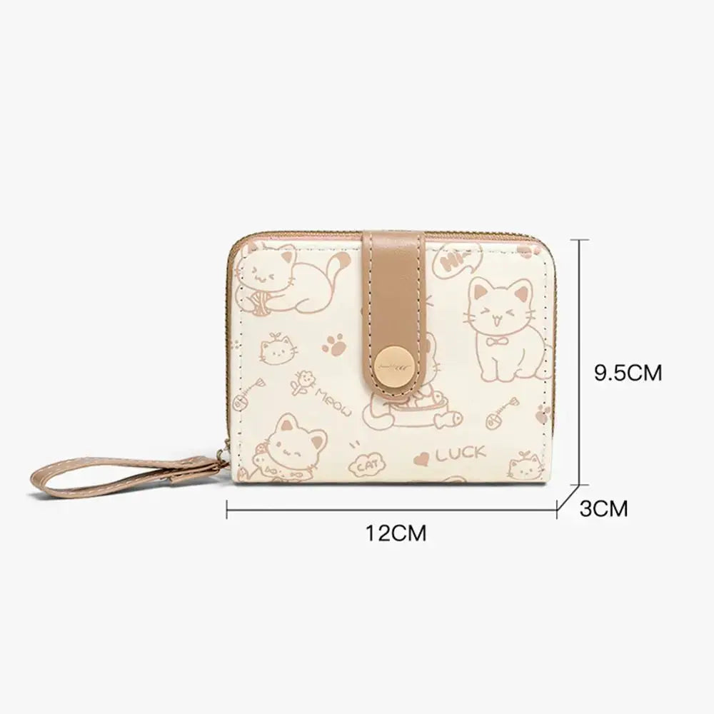 Cat print PU leather wallet with wrist strap; beige with kitten illustrations, compact and lightweight.