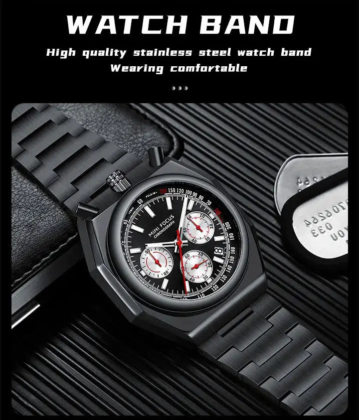 MINI FOCUS chronograph men's wristwatch with stainless steel strap, black dial, luminous, calendar
