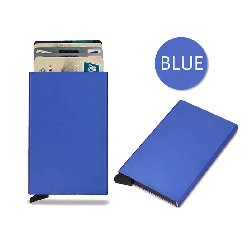Simples Market blue RFID aluminum card holder wallet; slim minimalist credit card case for men and women (2-piece set)