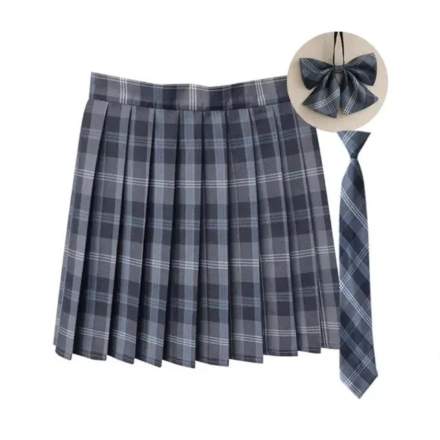 3-piece women's plaid pleated mini skirt set with necktie and bowtie in blue-gray plaid by Simples Market