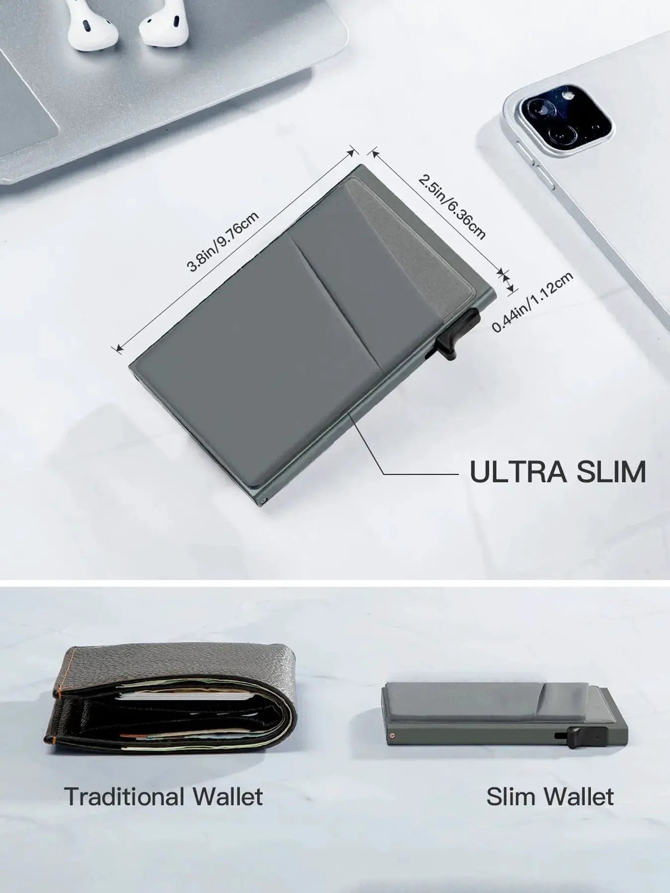Simples Market anti-theft RFID aluminum cardholder wallet, ultra slim; shows traditional and slim wallets (3 total)