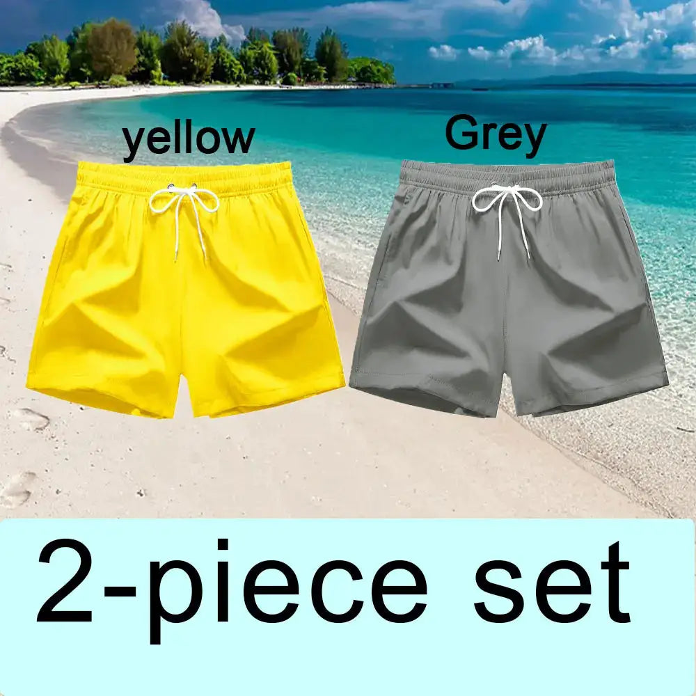 Swim Trunks two-piece set: yellow and grey quick-dry board shorts with drawstrings for the beach