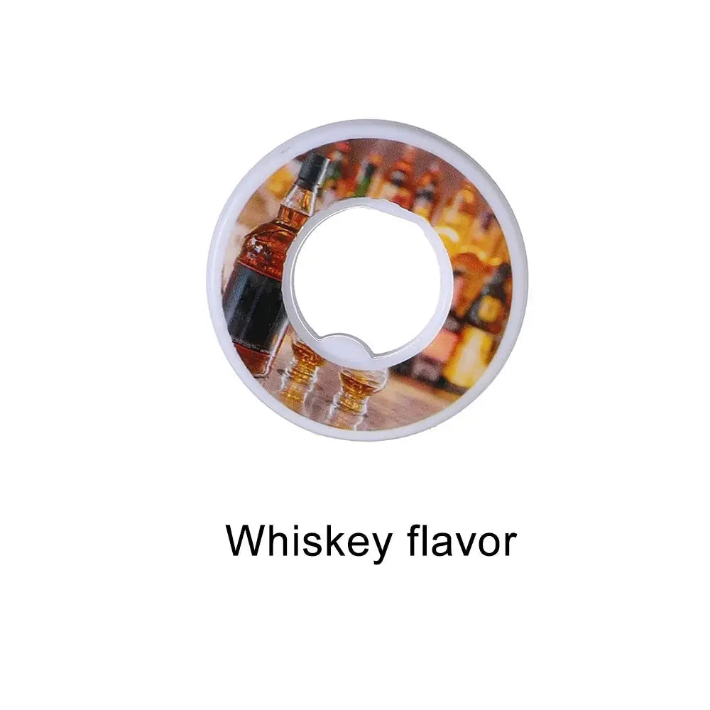 Whiskey flavor air pod for water bottles; white circular cap with whiskey bottle graphic Simples Market