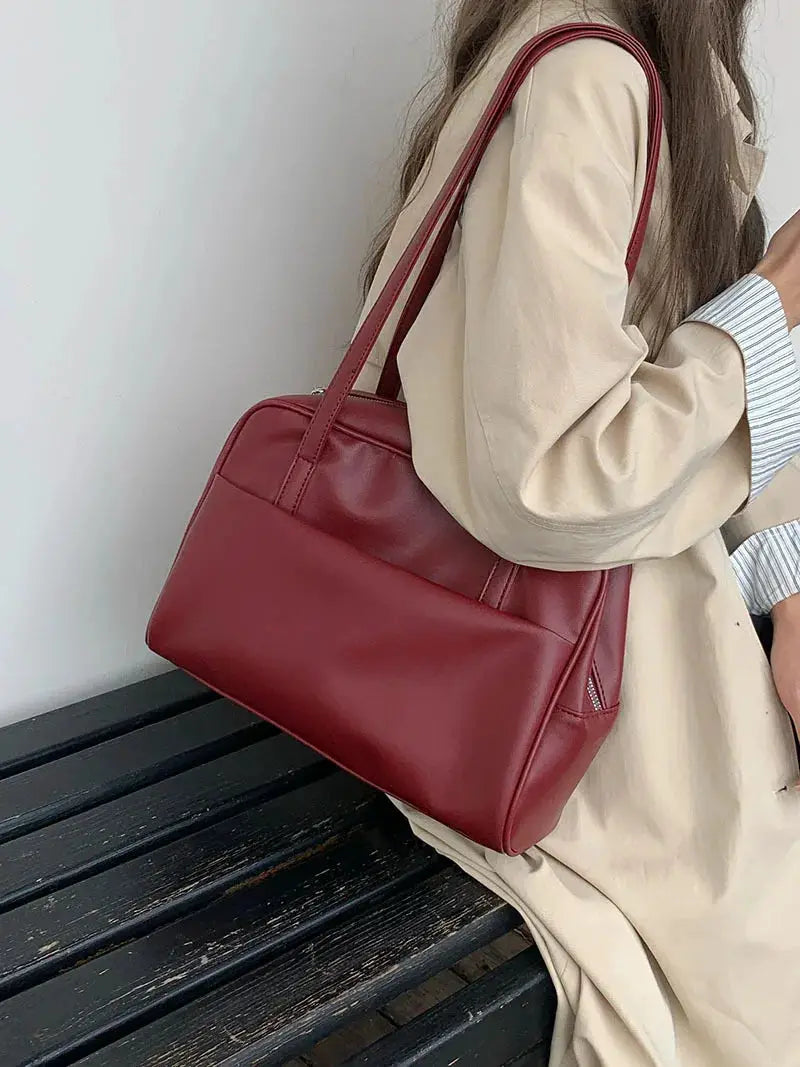 Korean-style red faux-leather tote bag with double top handles, large capacity
