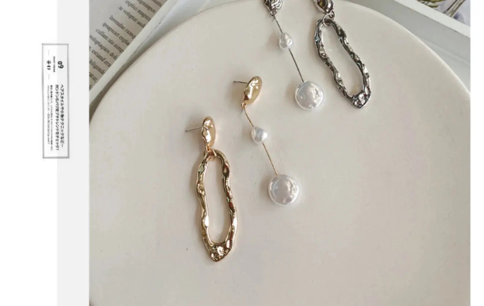 Simples Market irregular earrings set: gold hammered oval hoops, pearl-drop earrings, and silver textured hoops, 3 pairs