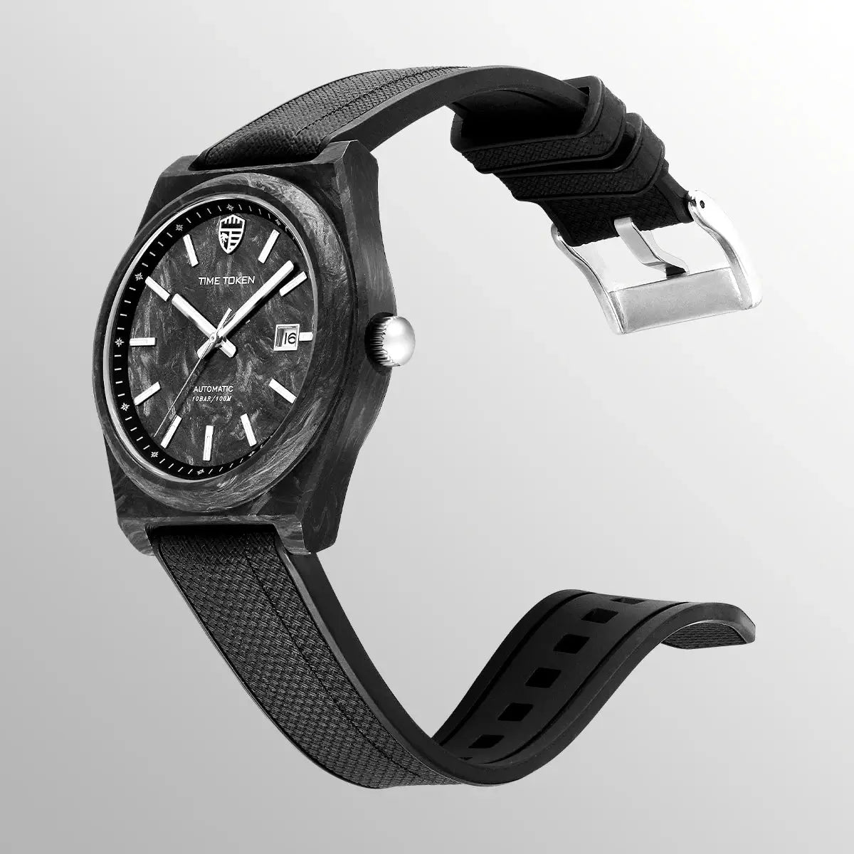 Automatic carbon-fiber watch with 40mm case, black strap, luminous dial and date window