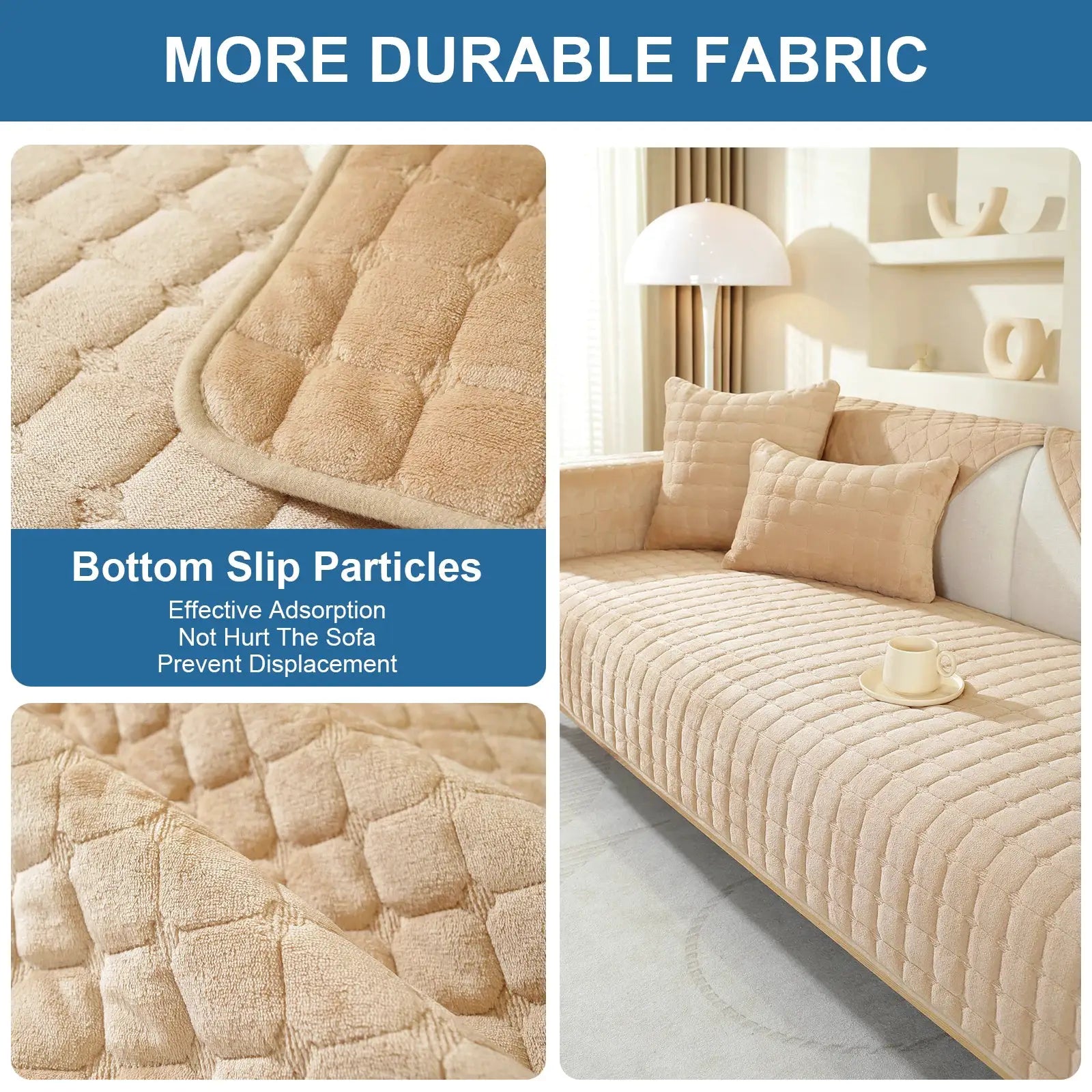 Simples Market flannel plaid sofa cover; beige plush, non-slip, universal fit with backrest cushions