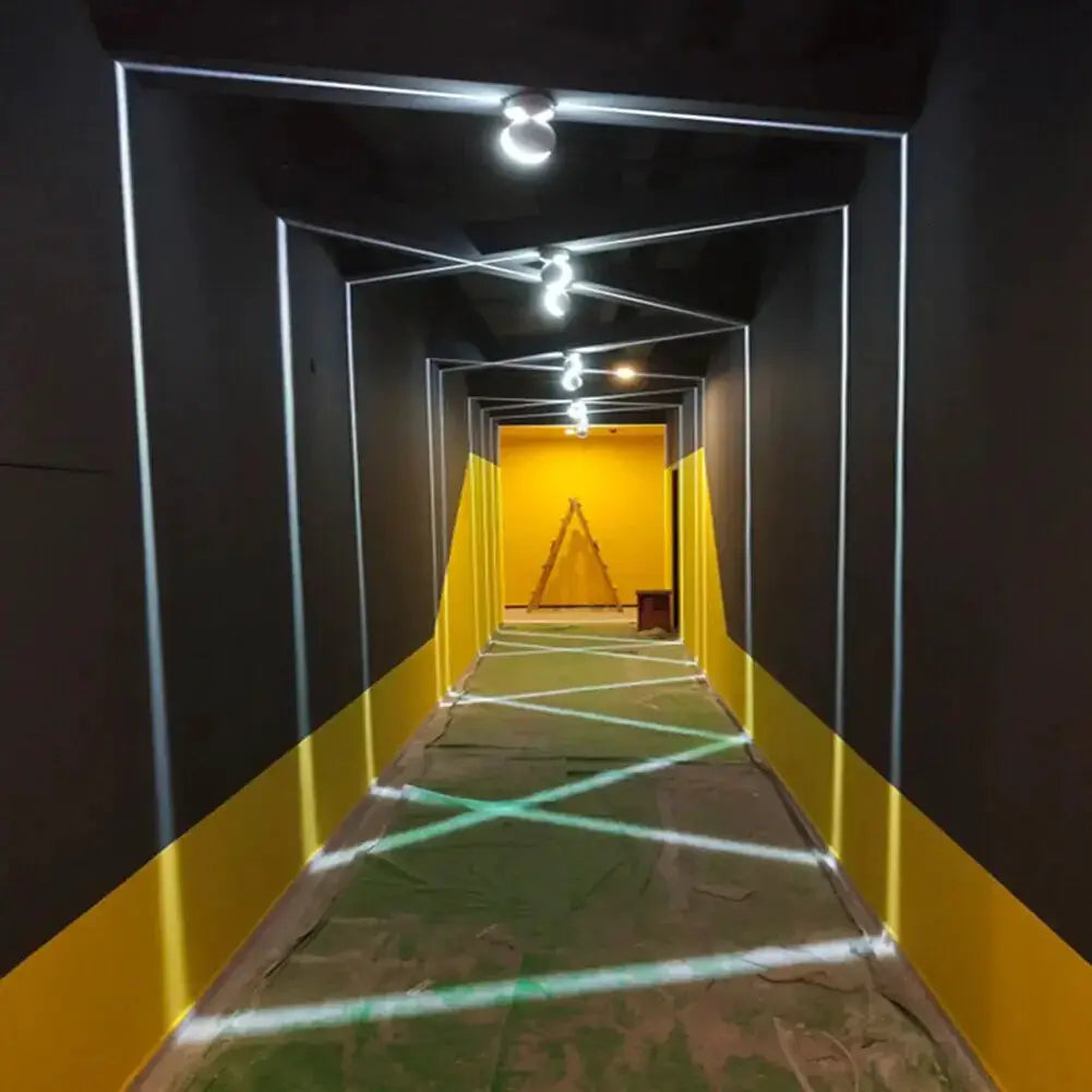 9W COB LED window-sill lamp, white/black shell; rotatable narrow-beam line lighting in a black-and-yellow corridor.