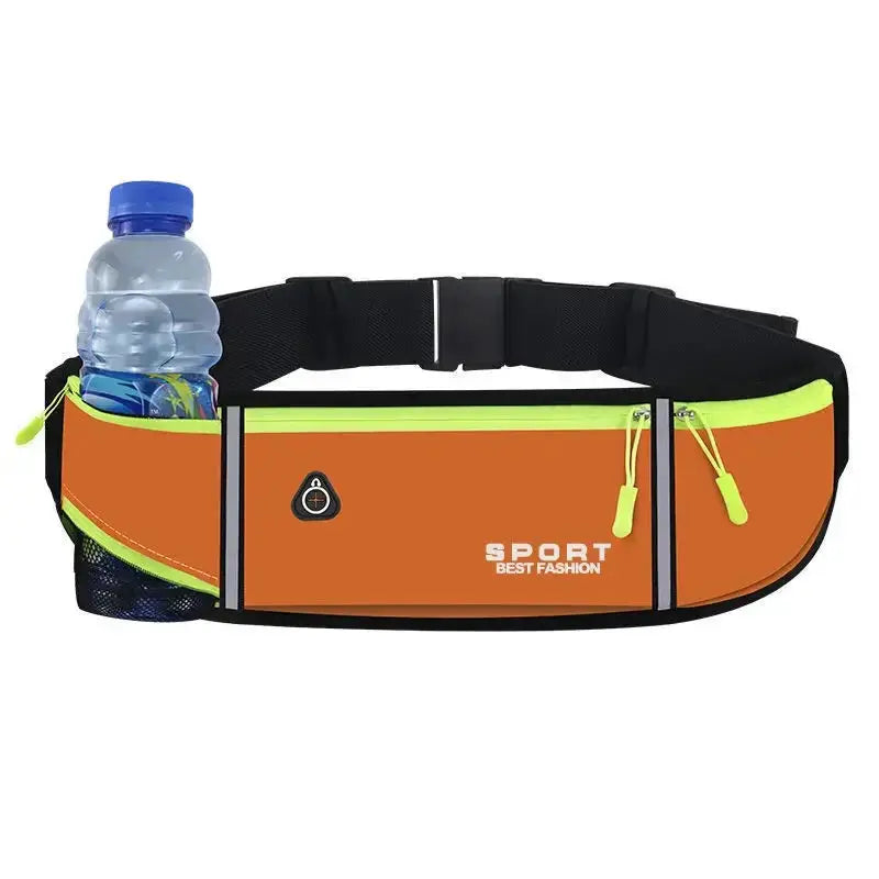 Outdoor running waist bag; orange with neon trim, three waterproof pockets, water bottle holder, SPORT BEST FASHION.