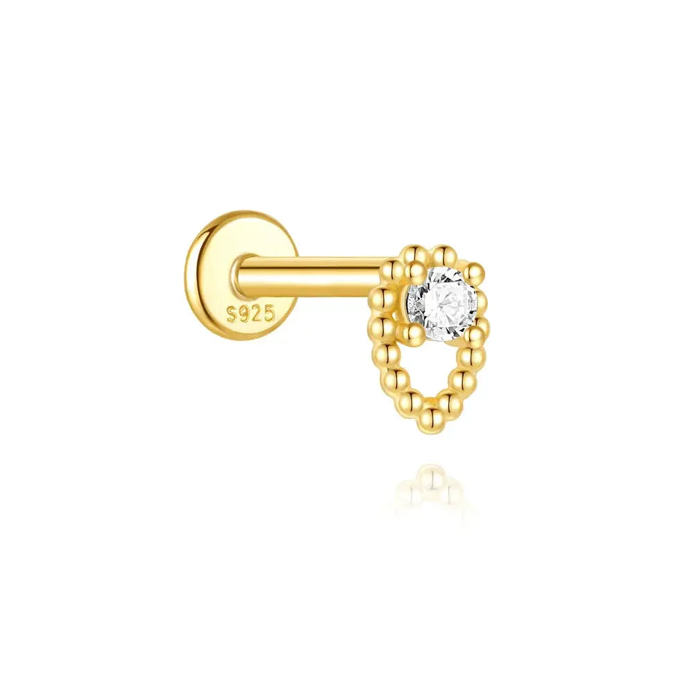 AIDE heart-shaped beaded stud earring, gold-tone 925 sterling silver with clear zircon for flat helix piercing