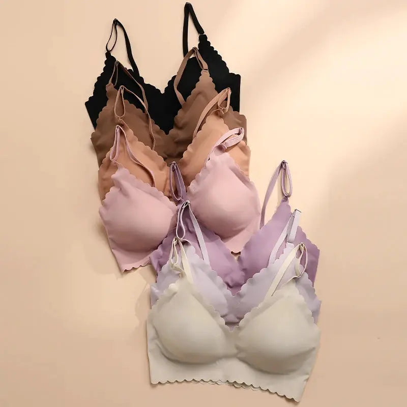 Simples Market seven-pack wirefree padded bras in a multicolor set with scalloped wavy edges