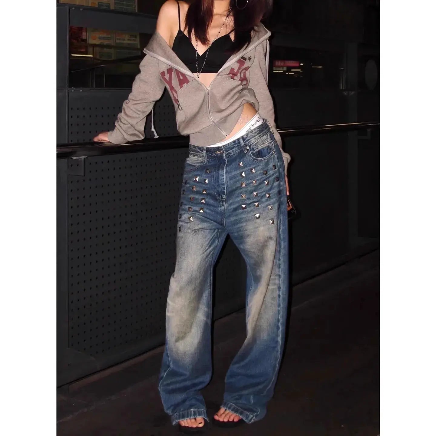 Retro Distred American High Street Jeans For Women Wide Leg Denim