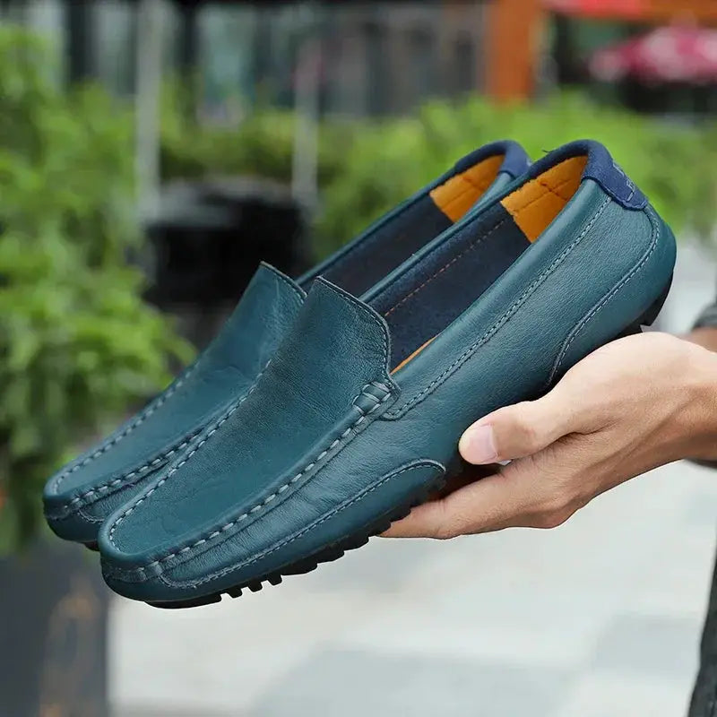 Simples Market men's teal blue genuine leather loafers, slip-on moccasin-style casual shoes